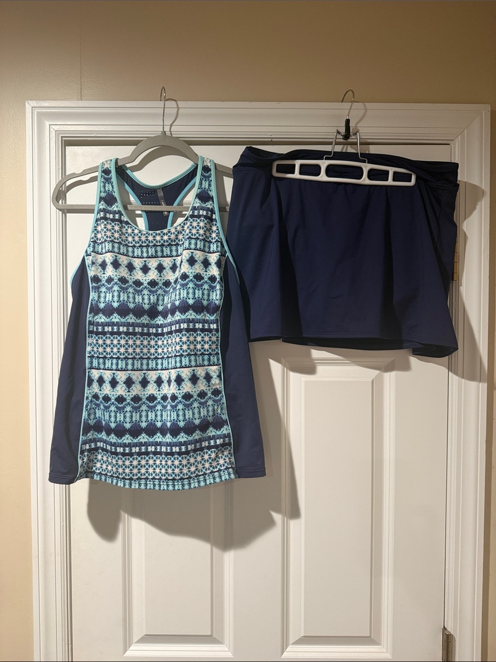 Lands End Navy Aqua Printed Tankini Set with Navy Skort Swim Bottom Size 14W 14